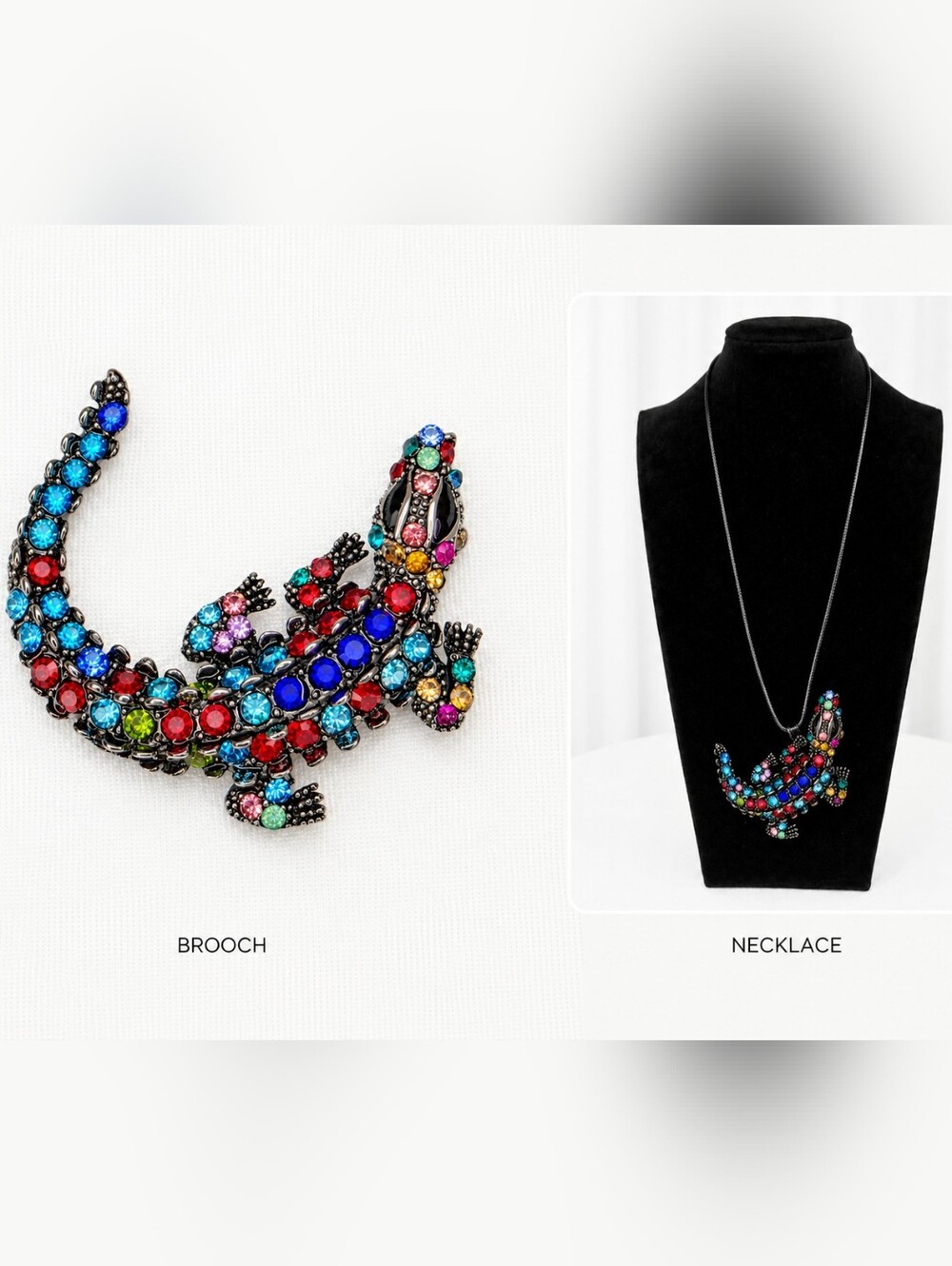 🦎 NWOT Rhinestone Alligator Crocodile Brooch Pin Pendant Necklace Multicolor